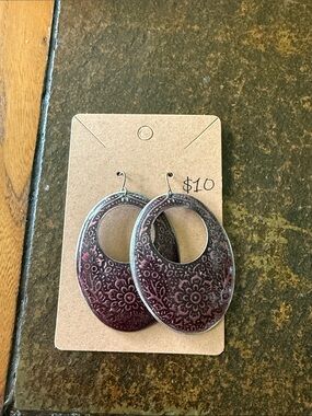 Handcrafted Floral Etched Maroon Hoop Earrings - Women Jewelry